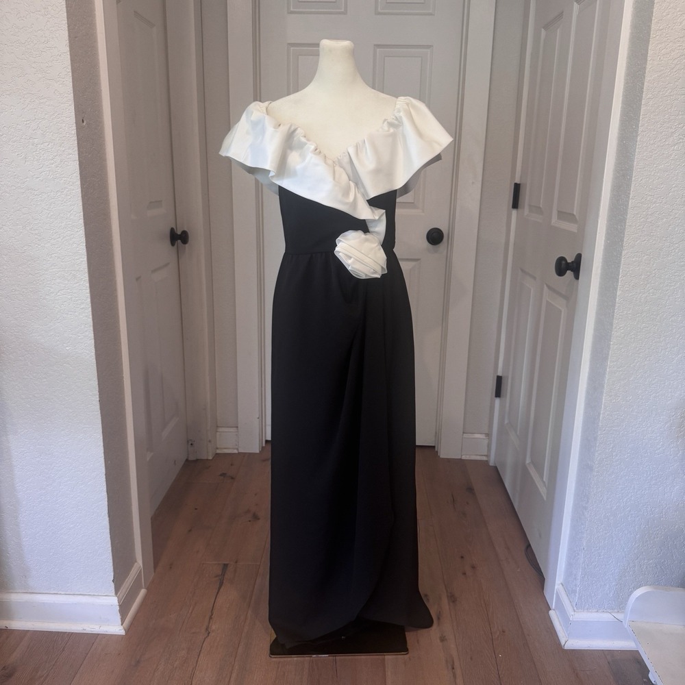 Vtg Retro Miss Elliette Dress Black White Taffeta Long Formal Off Shoulders‎ 60s